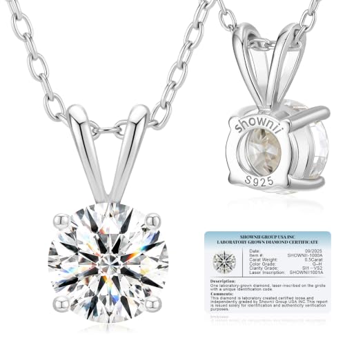 shownii Diamond Necklace Certified LAB GROWN 0.5CT Round Diamond Necklaces for Women 14K White Gold Plated Sterling Silver 4 Prong Solitaire Pendant Jewelry (G-H Color SI1-VS2 Clarity)