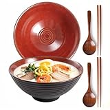 Zhonleemy Lot de 2 grands bols à ramen en céramique avec cuillères et baguettes 20,3 cm