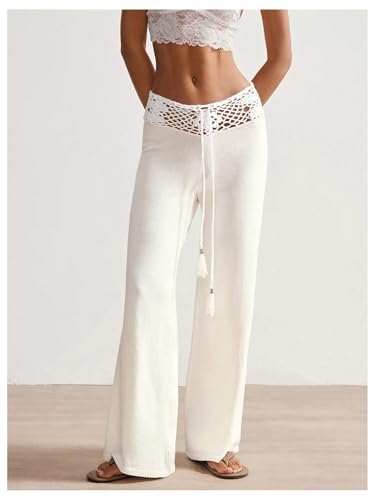 SOLY HUX Women's Knit Pants Crochet Hollow Out Low Rise Drawstring Elastic Waist Casual Vacation Long Trousers4