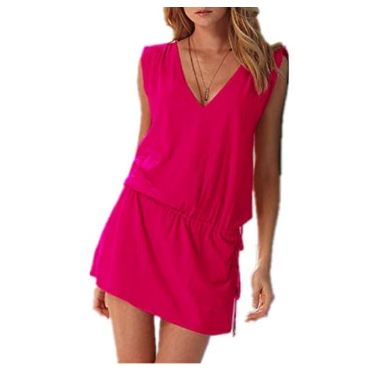 Masrin Sommerkleid für Damen Sommer einfarbiges ärmelloses Strandkleid für den Urlaub Gerüschtes Patchwork-Turmkleid Lockeres Trägerkleid A-Linien Kleid(XXL,Pink) 3 ERGEOB® Kurzes Luftiges Damen Sommerkleid mit tiefem V-Ausschnitt in Pink - Rückenfreies Freizeitkleid Ideal als Bikini Cover Up, Strand, Urlaub, Pool, Meer, See, Sommernächte, Party.