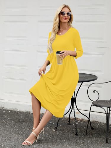 Image of Heymoments Women's Casual 3 /4 Sleeve Midi Dress Crewneck A Line Tiered Flowy Loose Travel Long Dresses with Pockets
