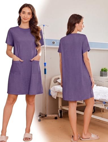 Image of Deyeek Women's Post Shoulder Surgery Hospital Gowns Tear Away Short Sleeve Full Open Side Snap Adaptive Clothing Nightgowns