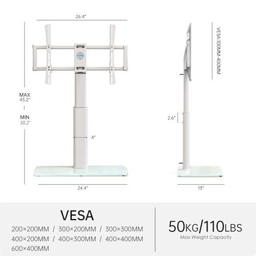 Image of FITUEYES Universal TV Stand, Swivel TV Table Stand for 43 50-65 70 75 80 85Inch Flat Screen, Table Top TV Stand Base Replacement, Height Adjustable TV Mount Stand, Glass Base, Max Holds 110lbs