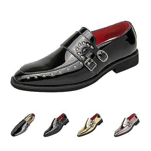 Men's Pointed-Toe Tuxedo Dress Oxfords,Fashion Patent Leather Monk Straps Studded Slip-on Casual Business Derby Shoes