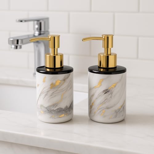 Image of LAGET 300ml Soap Dispenser for Wash Basin - Marble Golden Print | Kitchen and Bathroom Accessories Items | Refillable Handwash Dispenser Bottle- Set of 2 (White Twinkle)