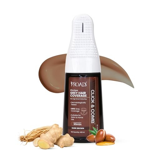 Image of PROADS Click & Comb Dark Brown Hair Color for 100% Grey Coverage, No Bowl No Brush, 30-Min Mess-Free Fast Hair Dye with Reusable Pre-Filled Hair Color Applicator, Dermatologically Tested, Unisex - 400ml + Starter Kit
