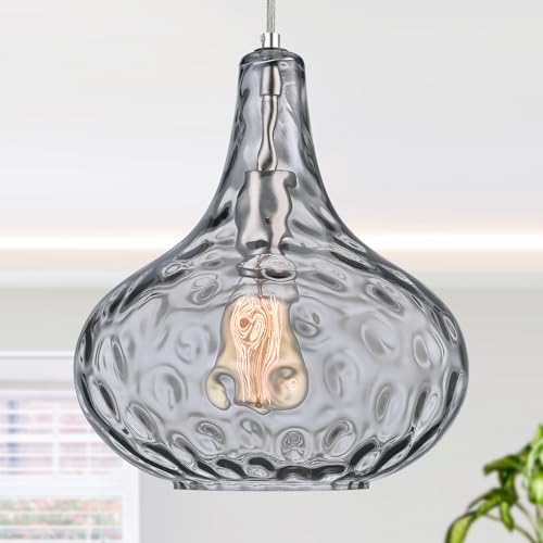 Image of 11 inch Smoked Hammered Glass Pendant Light, Brushed Nickel, E26 | 11 inch smoked hammered glass pendant light with brushed nickel finish, adjustable cord, E26 socket for kitchen islands