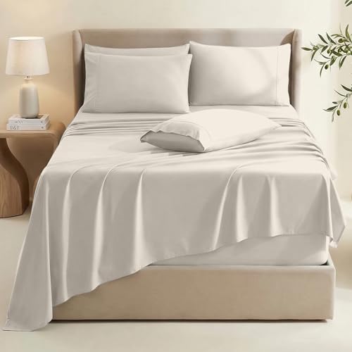 Image of Hearth & Harbor Bed Sheets, Luxury Soft 6 Piece Bed Sheet Set Extra Deep Pocket Fitted Sheets Fits Mattress up to 21 inch, Double Brushed Bedding Sheets & Pillowcases, Twin, Natrual Linen