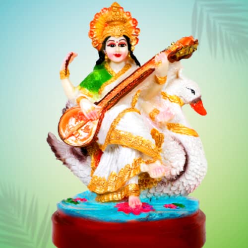 Goddess Saraswati Idol with Veena and Swan Maa Saraswati Murti for Home Temple Pooja Room Study Table Mandir Saraswati Mata Idol Statue for Saraswati Puja Basant Panchami Diwali (8 Inch) 1002