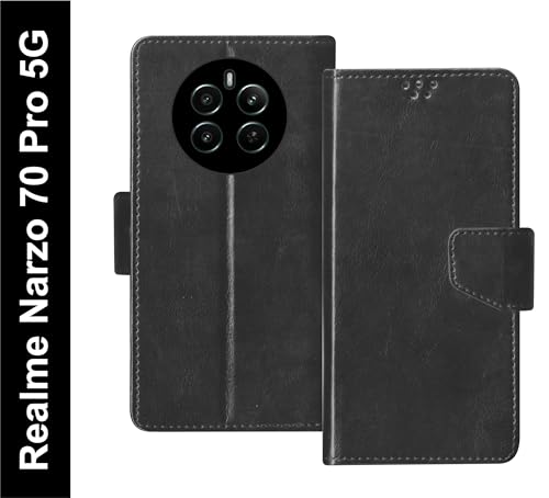 Image of SBMS Flip Cover for Realme Narzo 70 Pro 5G / Realme 12 Plus 5G / Narzo 70 5G / P1 5G Back Cover Case with Magnatic Closure|Inbuilt Stand|Card & Money Pocket (Black)