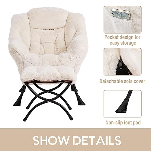 Image of LITA Lazy Chair with Ottoman, Modern Accent Leisure Upholstered Sofa Chair, Lounge Reading Chair with Armrests and a Side Pocket for Living Room, Bedroom & Small Space, Plush Beige
