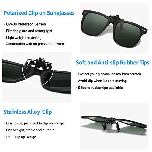 Kids Clip-On Polarised Sunglasses - UV Protection Flip Up for Boys & Girls, Dark Green, 48 mm x 45 mm x 17 mm x 132 mm - Image 3