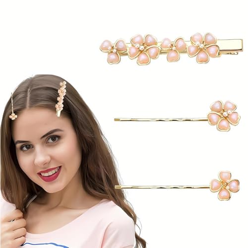Aesthetic Pink Flower Hair Clip with Pearls for Women 3Pcs Cute Japanese Cherry Blossom Hair Pin Accessories for Girls Floral Hair Barrettes for Thin Hair Side Pins Decorative Sakura Flowers for Hair