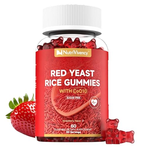 NutriVivency Red Yeast Rice with Coq10 Gummies Red Yeast Rice 2400mg with Coq10 200mg Supplements Sugar Free Vegan Non-GMO Strawberry Flavor 60 Counts