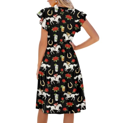 Image of Womens Summer Dress Ruffle Sleeve V Neck Dress Casual Fit Flowy Beach Vacation Sundress with Pocket S-2XL