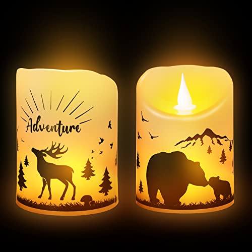 Image of Treela 2 Pieces Christmas Flameless LED Candles with 8h Timer, Battery Operated Plastic Pillar Rustic Candles Warm Light with Decals for Adventure Table Home Decor, D3 x H6 (Woodland Mountain)