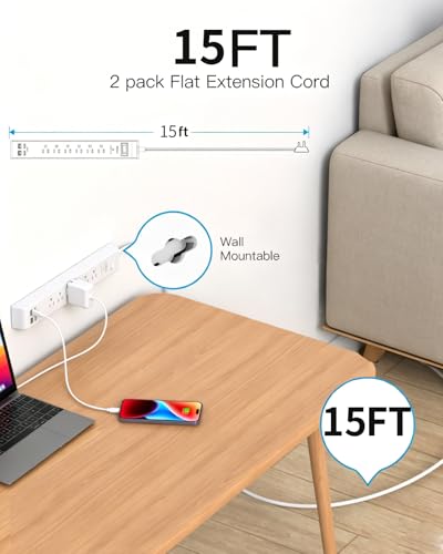 Image of 2 Pack Power Strip, Extension Cord 15FT, Surge Protector with 6 Outlets and 4 USB Ports (2 USB C), Flat Plug Overload Protection, Extension Cord with Multiple Outlets, Wall Mount for Home Dorm College