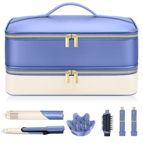 Image of Travel Hair Dryer Case for Shark Glam, Portable Hair Tools Bag for Shark FlexFusion, Double-Layer Carrying Case for FlexStyle Blow Dryer, Silki & Glossi Attachment Holder (Periwinkle&Buttercream)