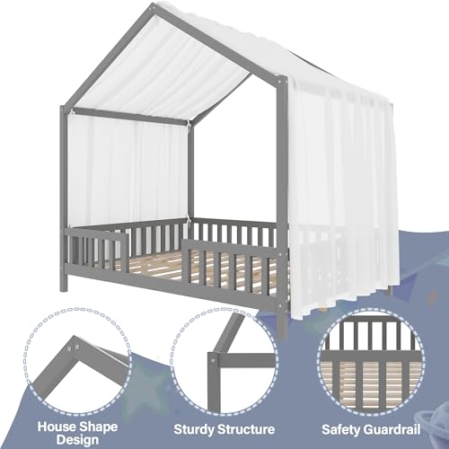 Image of Full Size Wood House-Shape Platform Bed with Roof Frame and Canopy, Montessori Floor Bed with High Railings and Slat Support for Kids Girls Boys, No Box Spring Needed (Grey-05, Full)