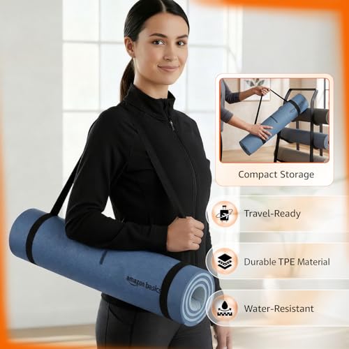 Image of Amazon Basics TPE Yoga & Exercise Mat with Carrying Strap | 8 mm Thick | Non-Slip Grippy Surface | Eco-Friendly Rubber-Like Material | Floor Protection | Ideal for Yoga, Pilates, Stretching & Meditation | 180 x 60 cm | Dark Blue & Light Blue