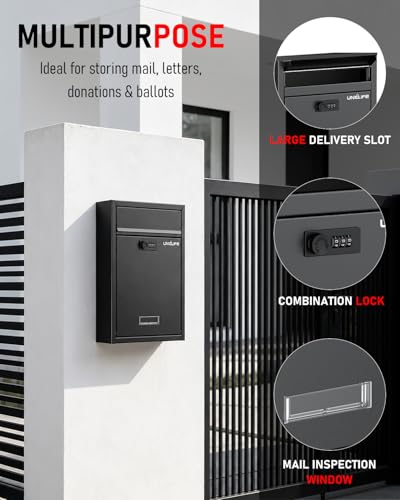 Image of Uniclife Wall Mount Mailbox for Outside, Large Locking Mailbox with Combination Lock, Security Mail Box for House, Safe Key Drop Box, Post Box, Steel Cash Drop Box for Home Office School, Black