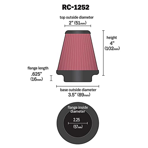 Image of K&N High-Flow Original Lifetime Universal Clamp-On Air Filter: High Performance, Premium, Washable: Flange Diameter: 2.25 In, Filter Height: 4 In, Flange Length: 0.625 In, Shape: Round Tapered,RC-1252