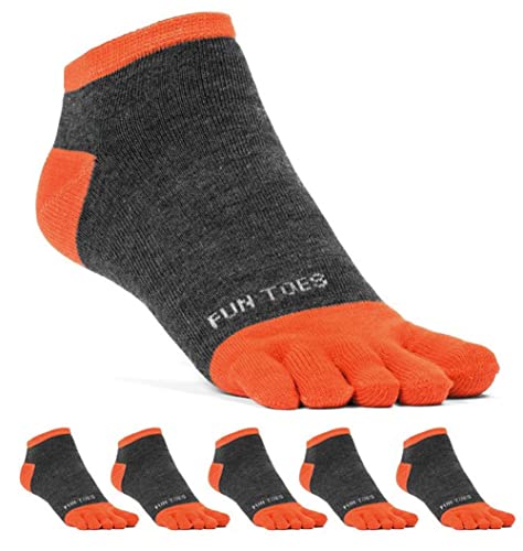 FUN TOES Mens Toe Socks Barefoot Running Socks-Pack of 6 Pairs- Size 6-12 (Grey/Orange)