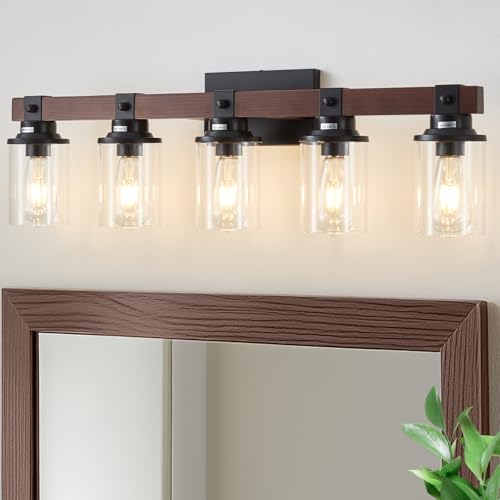 Image of 5 Bathroom Vanity Lights, Farmhouse Wooden Bathroom Light Fixture Over Mirror with Clear Glass, Wood Vanity Light for Bedroom,Living Room