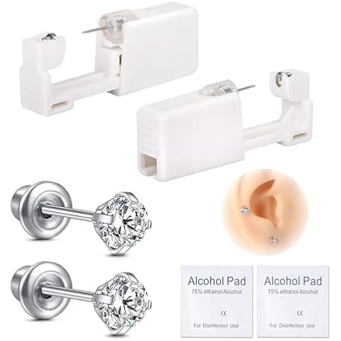 JIESIBAO Ear Piercing Gun Kit,Self Disposable Ear Piercing Kit 316L Surgical Stainless Steel with Star Cubic Zirconia, At Home Self Ear Piercer Kit Tool with 4mm White CZ Stud Cover