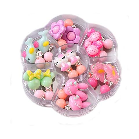 YUEMING 7 Pairs Girls Clip-on Earrings, Kids Jewelry Accessories Sets, No Pierced Design Earrings with Earring Pads , Birthday Gifts Role Play Princess Dress up Cover