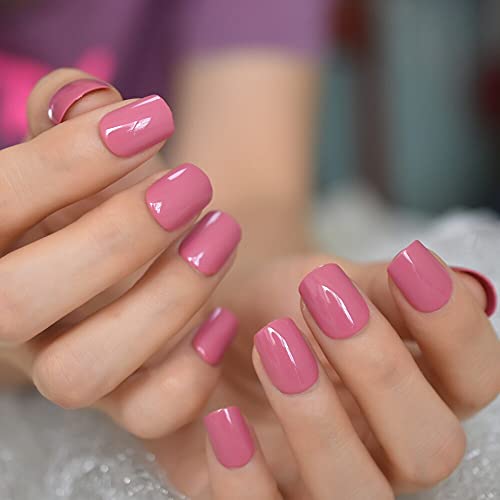 Coolnail Reuseable Shiny Press On Fake Nails Dark Pink Square Short Gel Cover False Fingernails Manicure Art Tips 24Pc For Women And Girl #TOP2