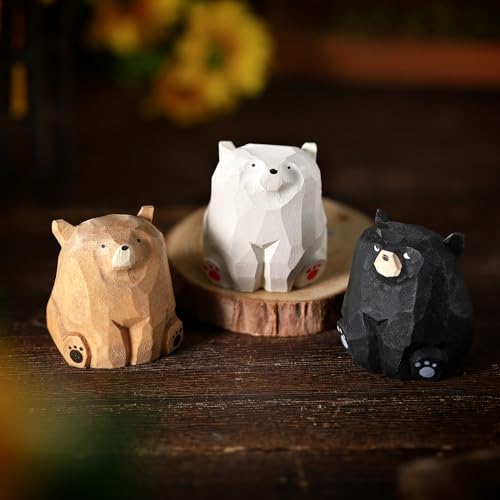 Image of Lineshading 3 Pcs Mini Wooden Bears Figurines Handmade Carved Small Wooden Black Brown Bear Statue Miniature Ornament Holiday Bear Decor for Bedroom Playroom Gift(Standing,2 x 1.2 x 1.4 Inch)