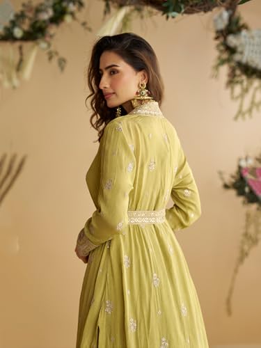 Image of JATRIQQ Parrotgreen Chinon Silk with Embroidered Work Gown with Shrug and Belt