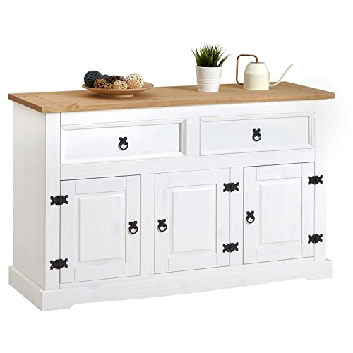 IDIMEX Buffet Tequila Commode bahut vaisselier en Bois Style Mexicain avec 2 tiroirs et 3 Portes battantes, en pin Massif lasuré Blanc et Brun