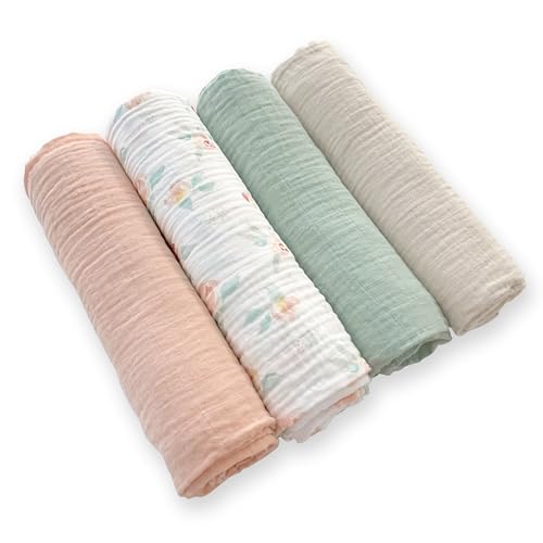 Image of SwaddleDesigns Cotton Muslin Swaddle Blankets for Baby Girl, Set of 4, Receiving Blankets for Newborn, Baby Registry & Gift, 46x46 inches, Watercolor Peachy Pink Floral