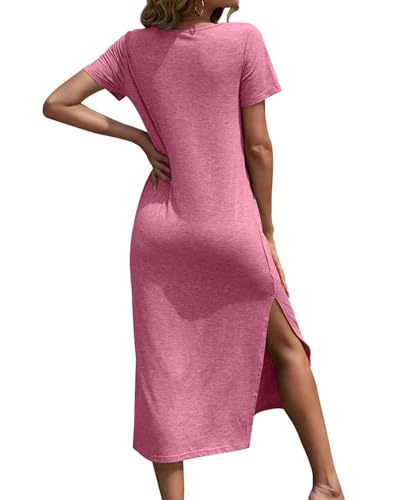 Image of Dyexces Women Summer T Shirt Dress Casual Short Sleeve V Neck Maxi Dresses Loose Side Slit Long Tshirt Dress with Pockets