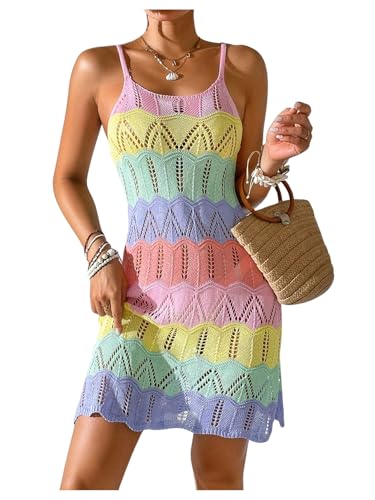 Milumia Women's Colorblock Crochet Cover Up Sleeveless Hollow Out Beach Dress