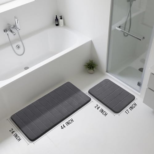 Image of Yimobra 2 Pieces Memory Foam Bath Mat Sets, 17x24+44.1x24 Inches for Bathroom Rugs, Toilet Mats, Non-Slip, Soft Comfortable, Water Absorption, Machine Washable, Dark Gray