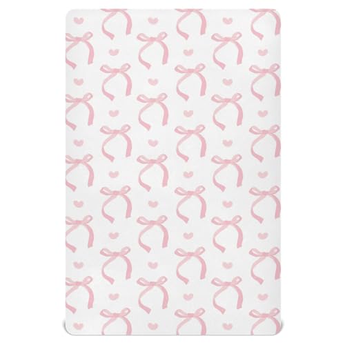 Pfrewn Crib Sheets for Boys Girls Aesthetic Pink Ribbon Bow Fitted Crib Sheet for Mini Crib Mattress Stretch Soft Toddler Baby Playard Sheet,39x27IN