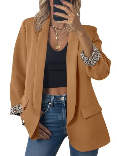 Image of Cicy Bell Womens Business Casual Blazer Shawl Collar Work Long Sleeve Leopard Open Front Oversized Suit Jacket