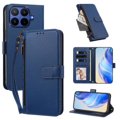 Étui pour Xiaomi Redmi Note 14 4G bleu foncé en cuir avec fermeture éclair
