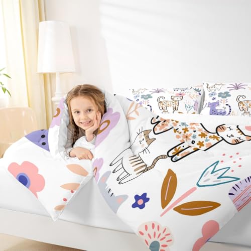 Image of Feelyou Cartoon Cat Comforter Set Full, Cute Kitten Comforter Set Cats and Flowers Comforter for Kids Boys Girls Teens Pet Cats Duvet Set Lightweight Quilt Set