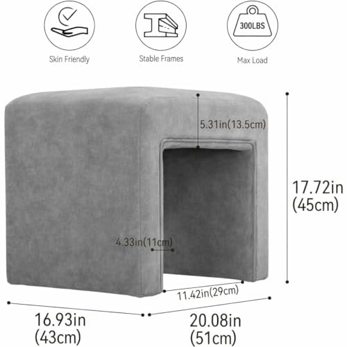Image of Kundi Modern Boucle Vanity Stool Chair with Wooden Legs - Soft Ottoman Footstool for Makeup Room, Living Room, Entryway & Office (White) (Dark Grey)