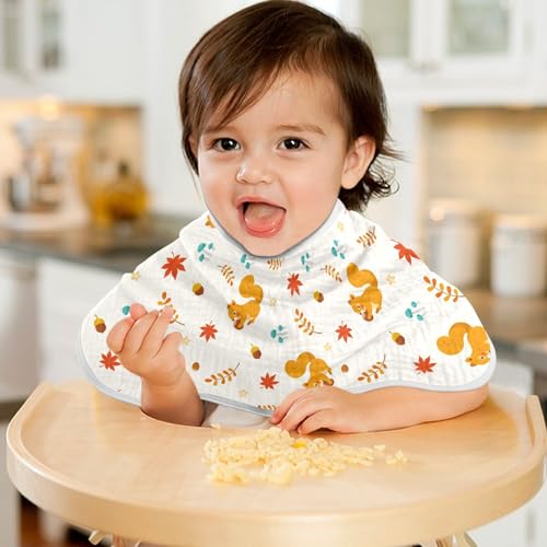 Image of Muslin Baby Burp Cloths, Autumn Cute Squirrel Muslin Baby Bibs Rags Comfy Soft Absorbent in for Newborn Boys and Girls 2 Piece 22 x 11 Inch