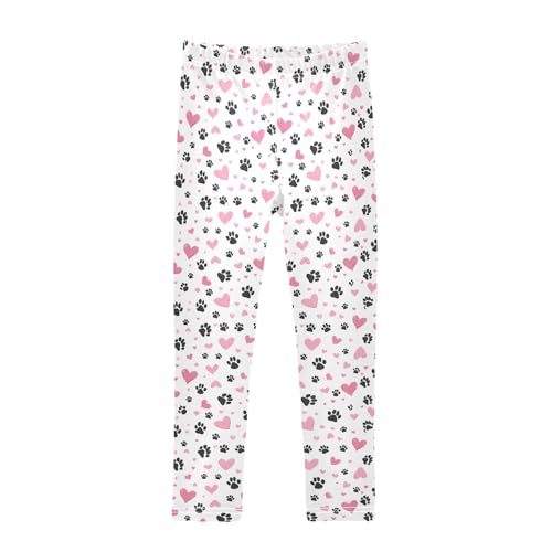 Pink Love Paw Print Girls Leggings Kids Yoga Pants Athletic Tights Pants 4-10 Years