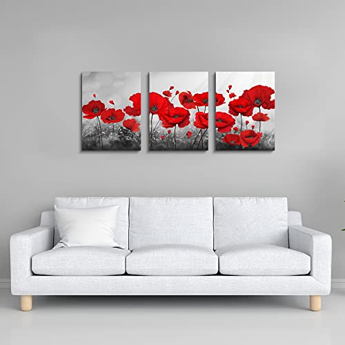 Watercolor Floral Poster, Red Flower Wall Art, Abstract Red Poppy Canvas Printings - Banmu Art - Modern Canvas Painting 3 Pieces Combined Flowers Posters Wall Pictures For Living Room (Red Poppy,12"X16"X3Pcs) #TOP2