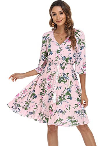 Image of VintageClothing Women's Floral Sundresses Flowy Boho Summer Beach Dress | Lightweight Breathable material,Elegant V Neck and Button Front Design,Flared Bell Sleeve Cut,Mini Casual dress