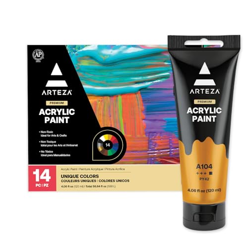 ARTEZA Acrylic Paint Set of 14 Colors, 4.06 Ounce Tubes, Non- Acrylic Artist Paints. Art Supplies for Painting