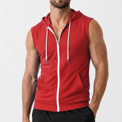 Image of Ohoo Mens Slim Fit Sleeveless Lightweight Zip Up Hooded Sweatshirt Vest Hoodie