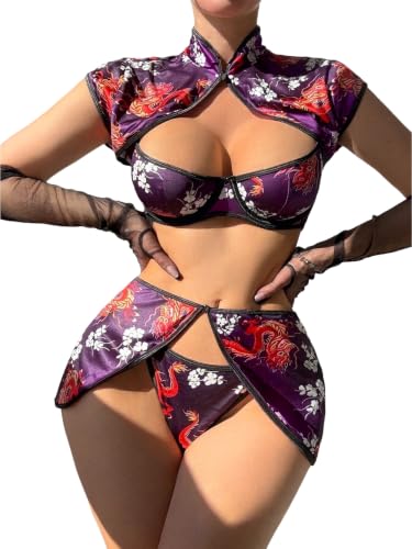 Image of Alrovetoney Sexy Lingerie Fantasy Costume Sexy Series Printed Cut-Out Slit Women's Costume Red S-XXL